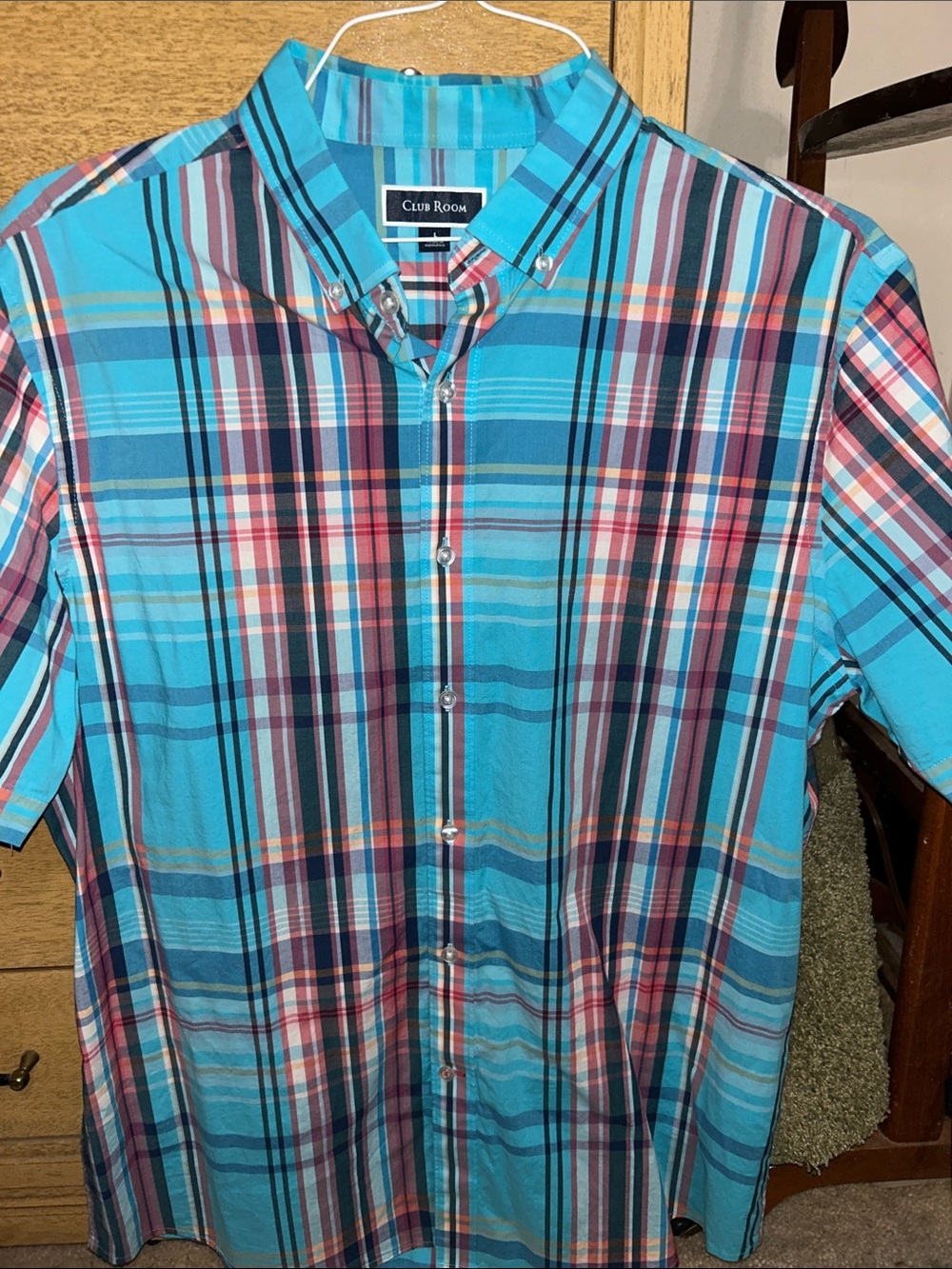 Club Room Turquoise Plaid Short-Sleeve Button-Down Shirt